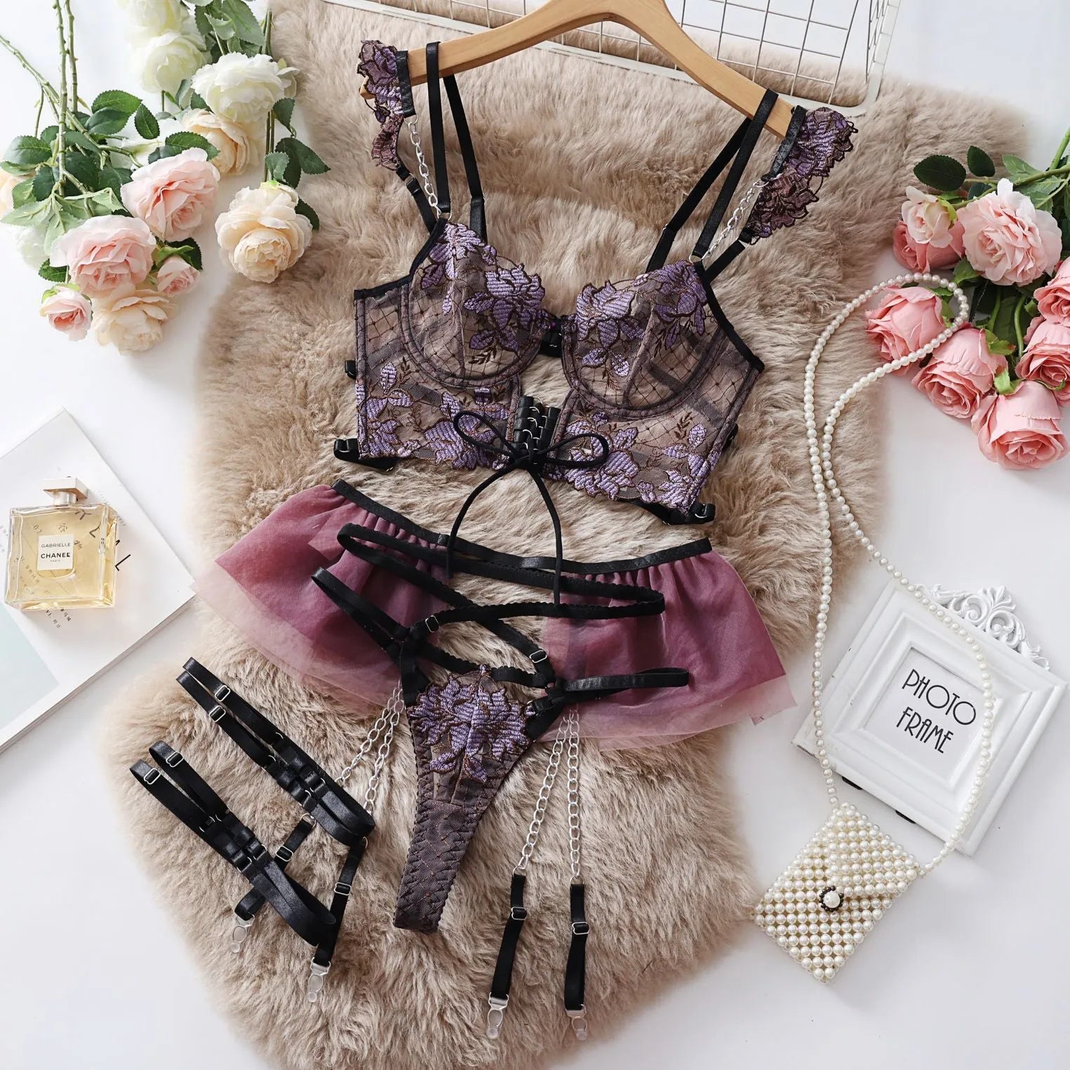 Light blue embroidered mesh underwear set with transparent push up bra and matching briefs