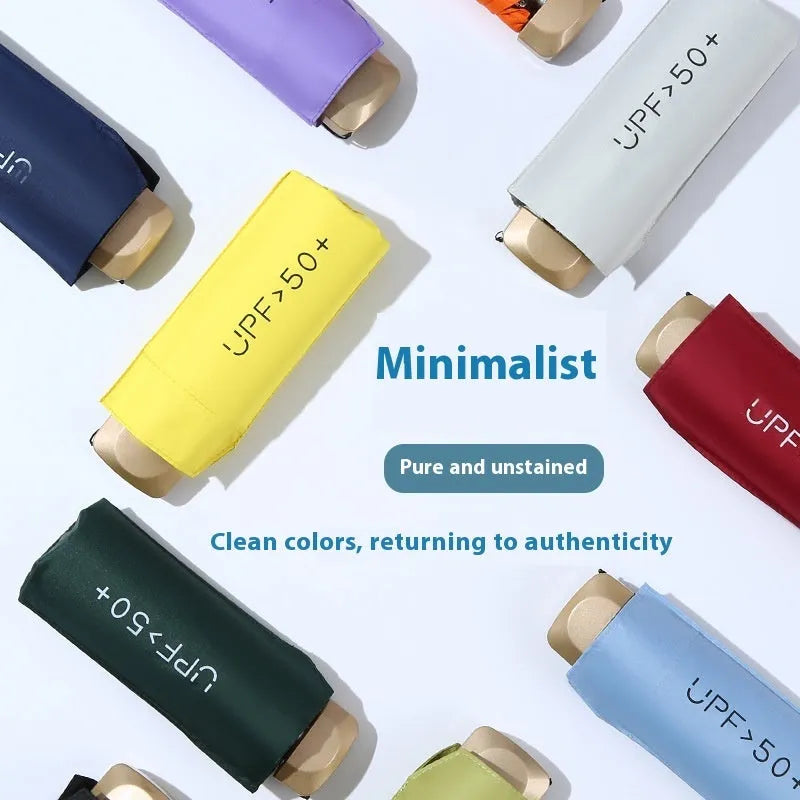 Closed five-fold mini pocket sun umbrella with alloy frame and rubber handle, shown in a selection of available colours.