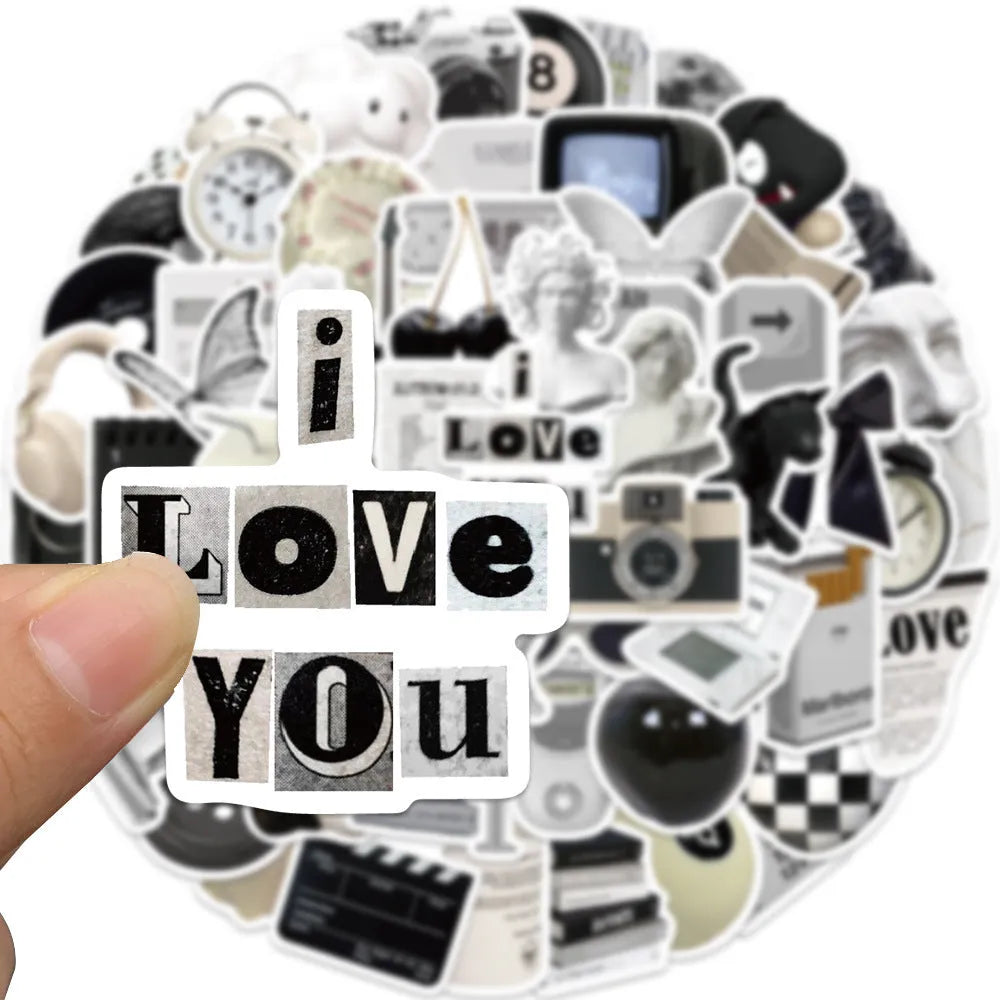 61 black and white PVC waterproof stickers for laptops, phones, and luggage