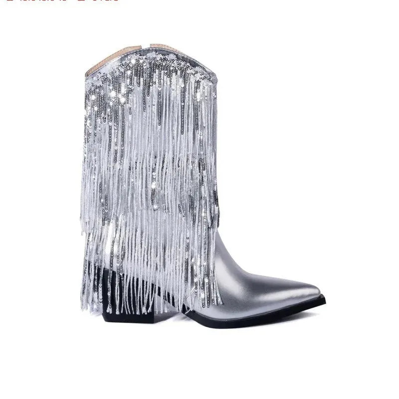Women's brown chunky heel boots with tassels and pointed toe on a white background.