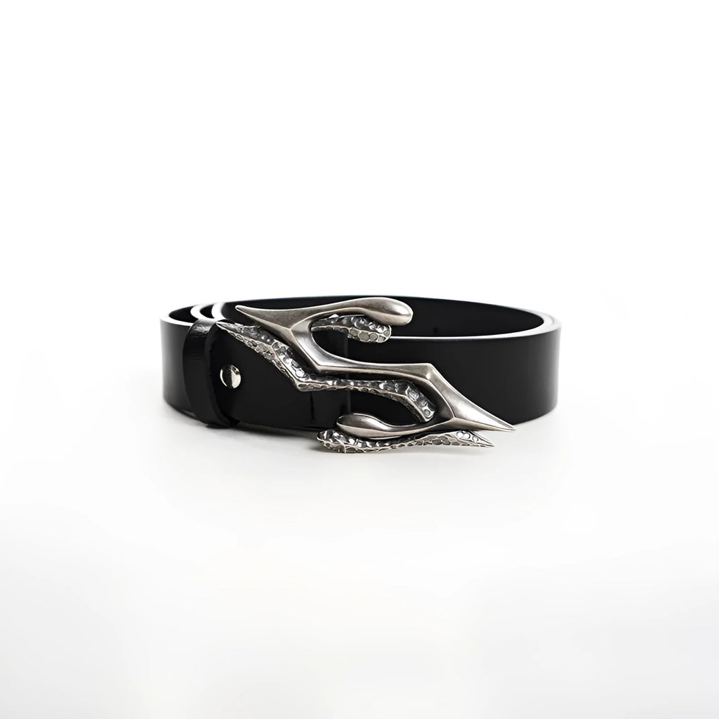 Black men's two-layer cowhide leather belt with metal letter buckle, shown at 110cm length.