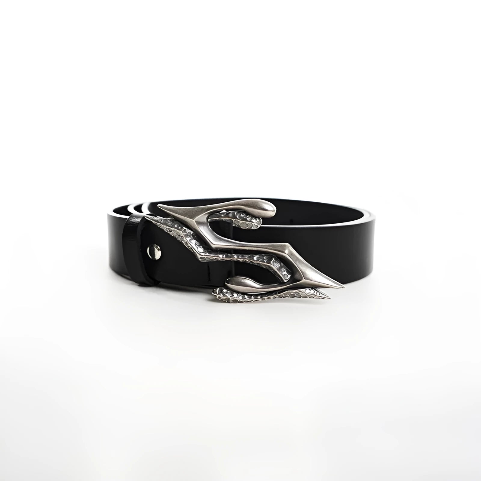 Black men's two-layer cowhide leather belt with metal letter buckle, shown at 110cm length.