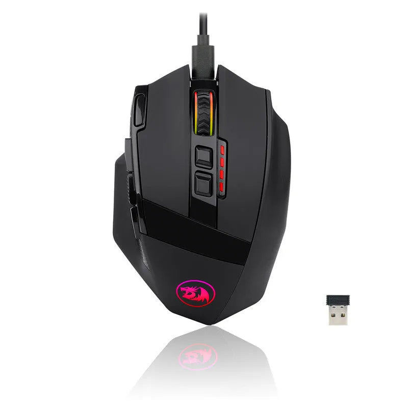 Redragon M801P black gaming mouse showing dual mode connectivity and nine programmable buttons