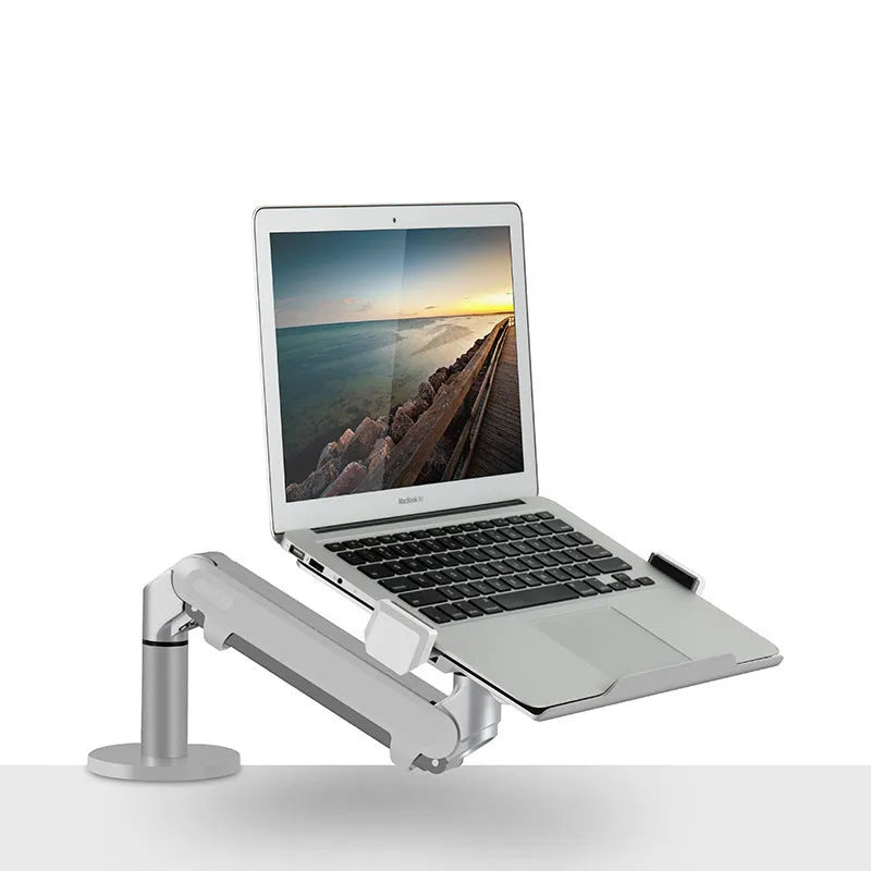 Silver aluminium laptop stand with hover design showing air gap underneath for cooling
