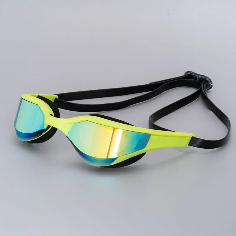 Racing style swimming goggles with mirror lenses and adjustable nose bridge on a blue background.
