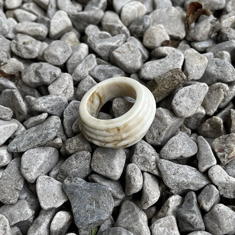 Chinese style irregular geometric resin wide ring in three neutral colours