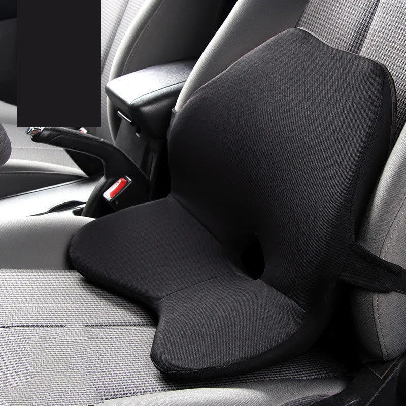 Memory foam car seat cushion set showing waist pad and headrest in neutral colours