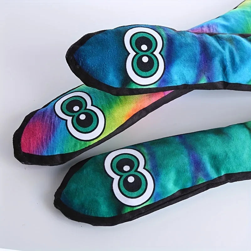 Snake-shaped plush dog squeak toy with rainbow stripe print for chewing and interactive play
