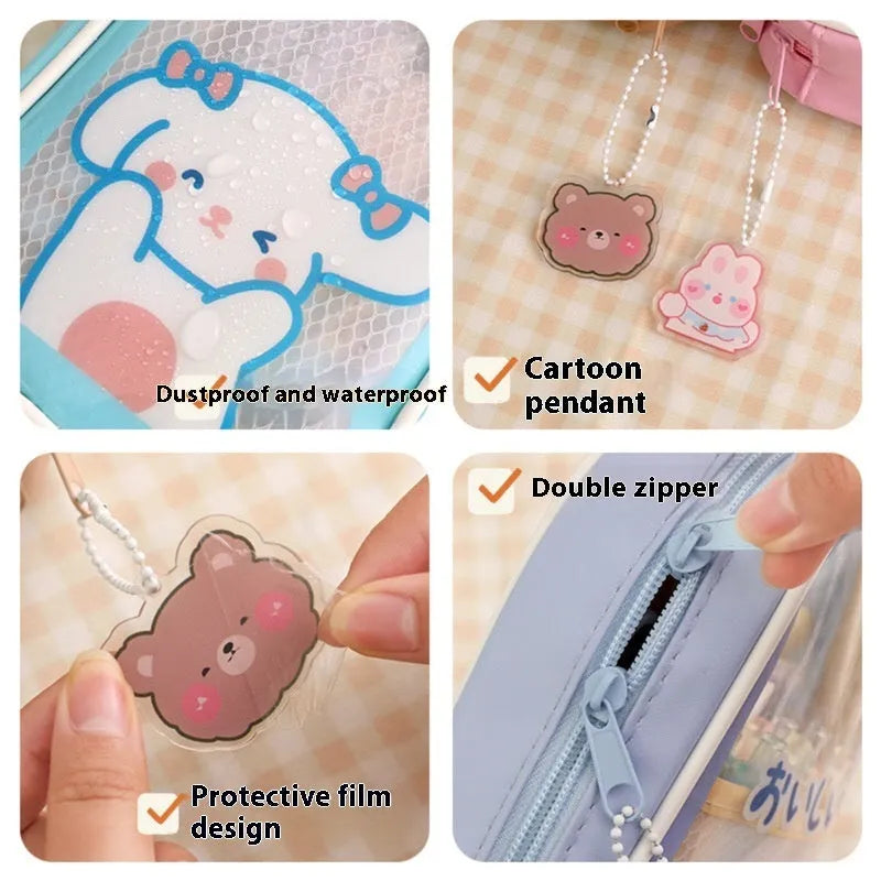 Transparent PVC pencil case with cartoon pattern, showing large capacity design for stationery storage
