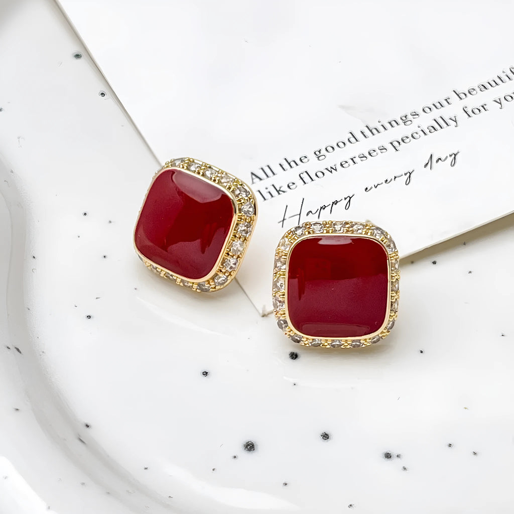 Retro red square geometric alloy earrings with seiko process finish