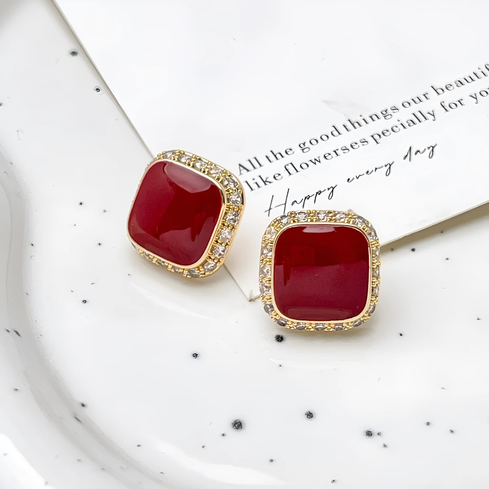 Retro red square geometric alloy earrings with seiko process finish