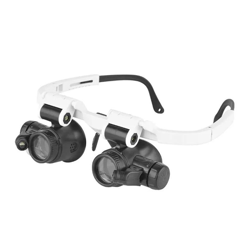 White head mounted magnifying glass with adjustable band and built-in LED light for close-up repair work