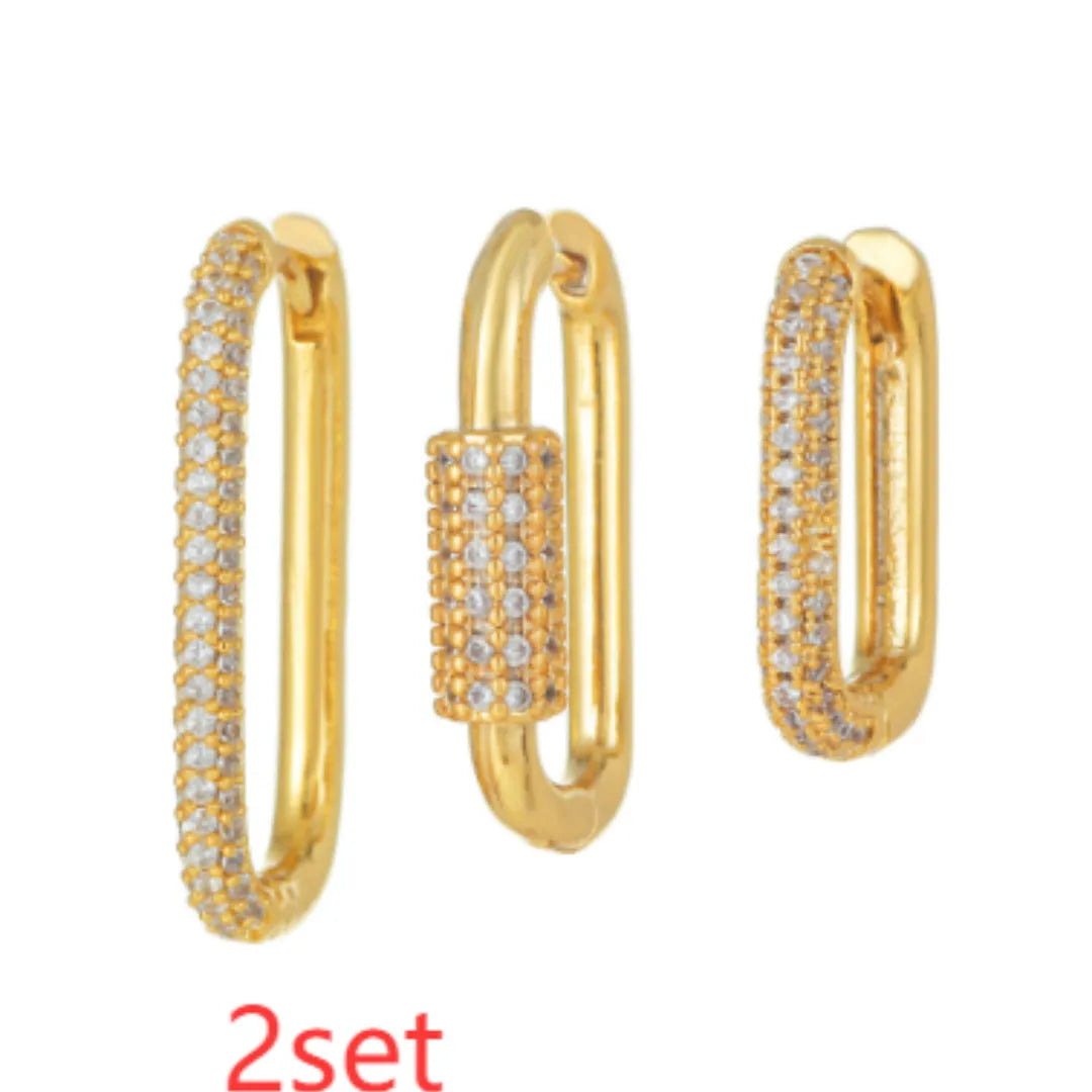 Three geometric zircon ear clips with square design in gold and white colour options