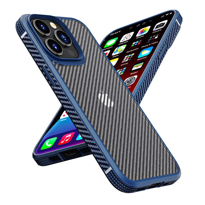 Anti-fall protective phone case for iPhone 13 in black with carbon fibre pattern detailing