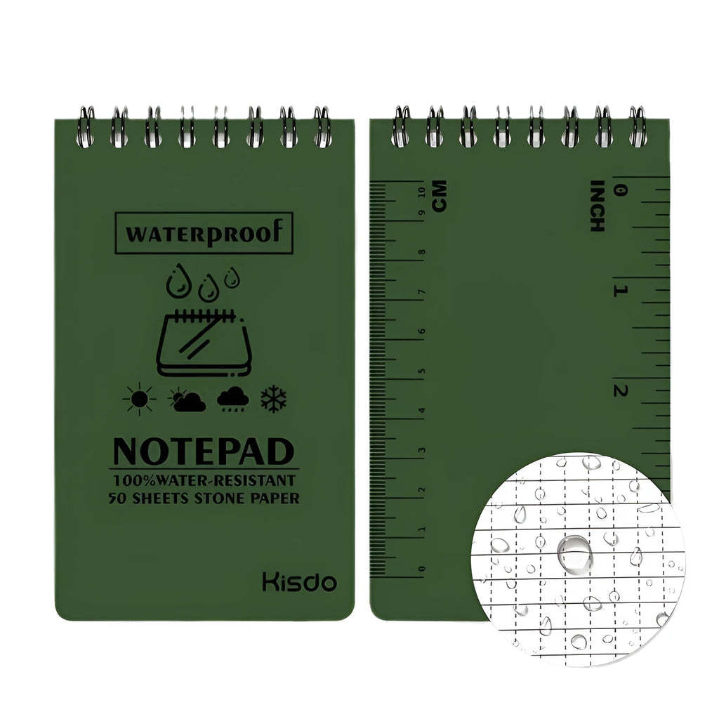 A5 spiral-bound waterproof notebook with stone paper pages and a green camouflage PP cover
