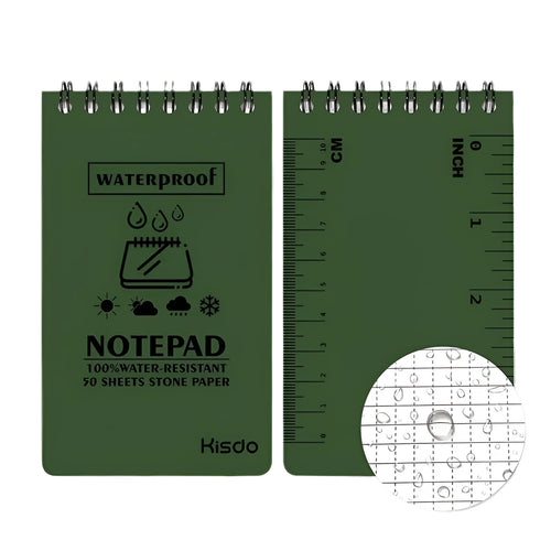 A5 spiral-bound waterproof notebook with stone paper pages and a green camouflage PP cover