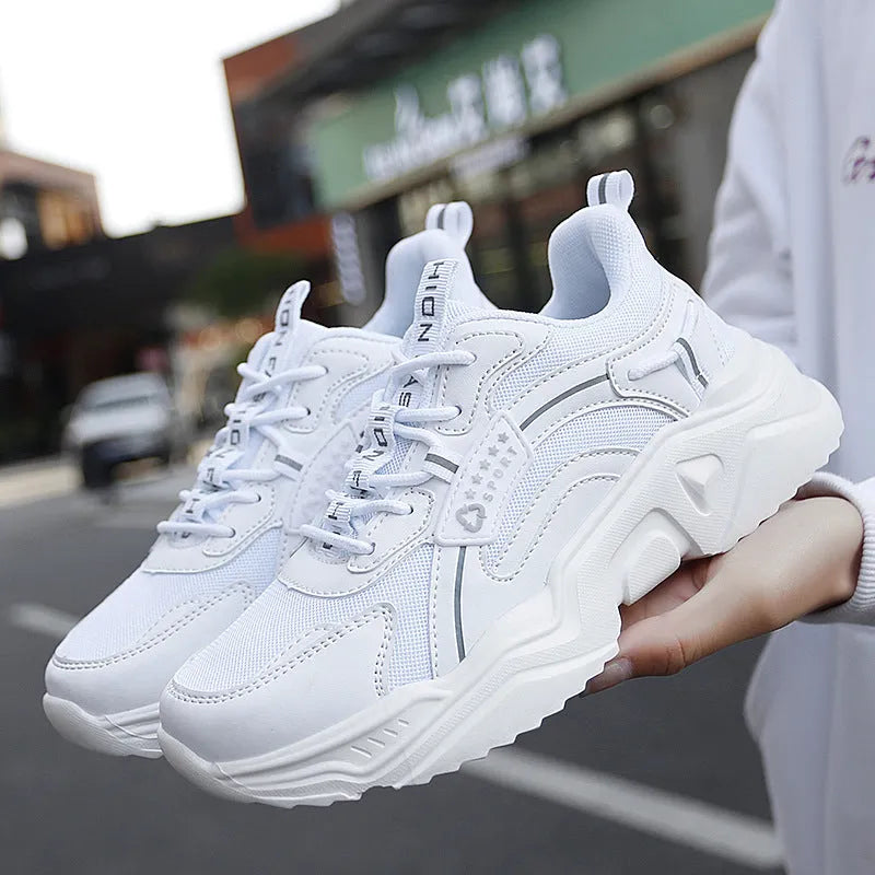 White women's casual sports shoes with mesh upper, buckle, and thick PU sole