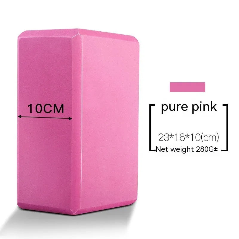 High-density EVA yoga block in pink next to a dark blue block, showing 7.5cm height and printed cartoon design options.