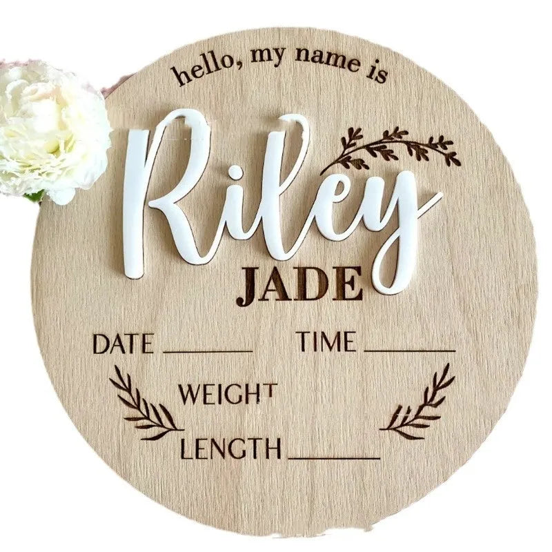 Square wooden baby birth information name label sign measuring 15cm