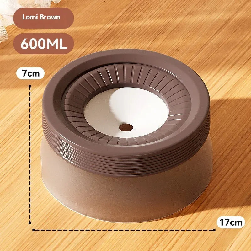 Blue suspended pet water bowl for dogs and cats on a white base plate, showing non-spill design.
