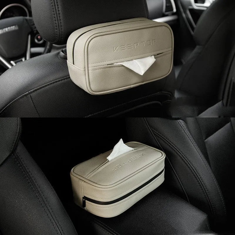 PU leather car hanging storage box bag in black colour showing dimensions and hanging strap