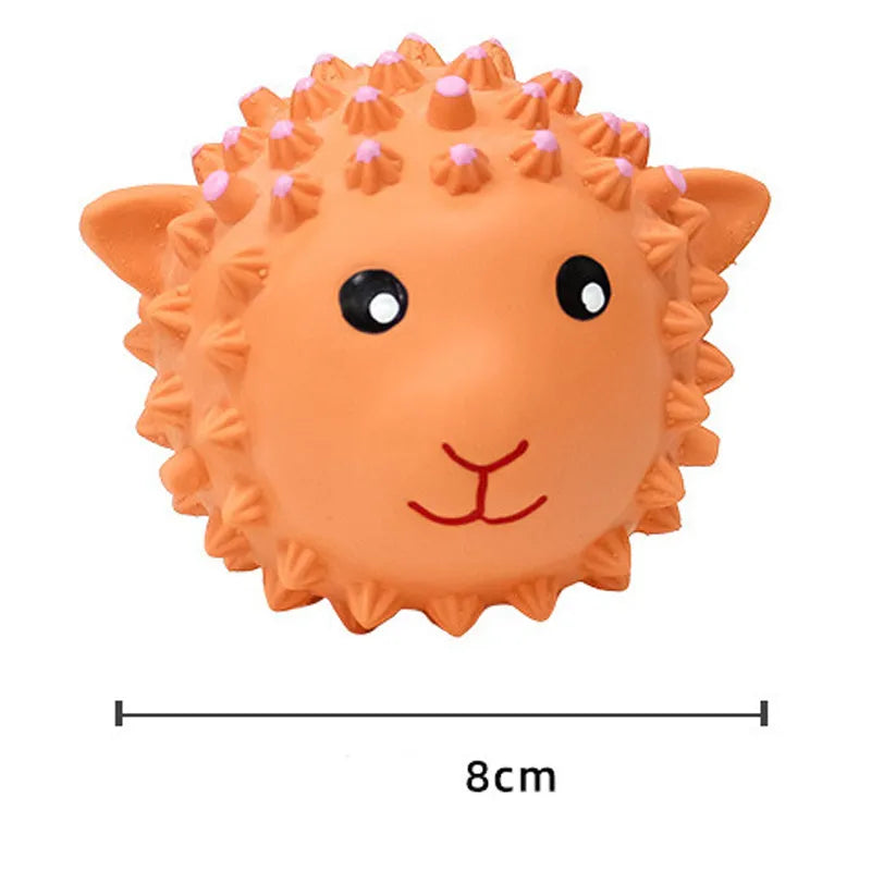 Orange or yellow spiky lamb or monkey latex squeaky dog toy for small medium breeds.