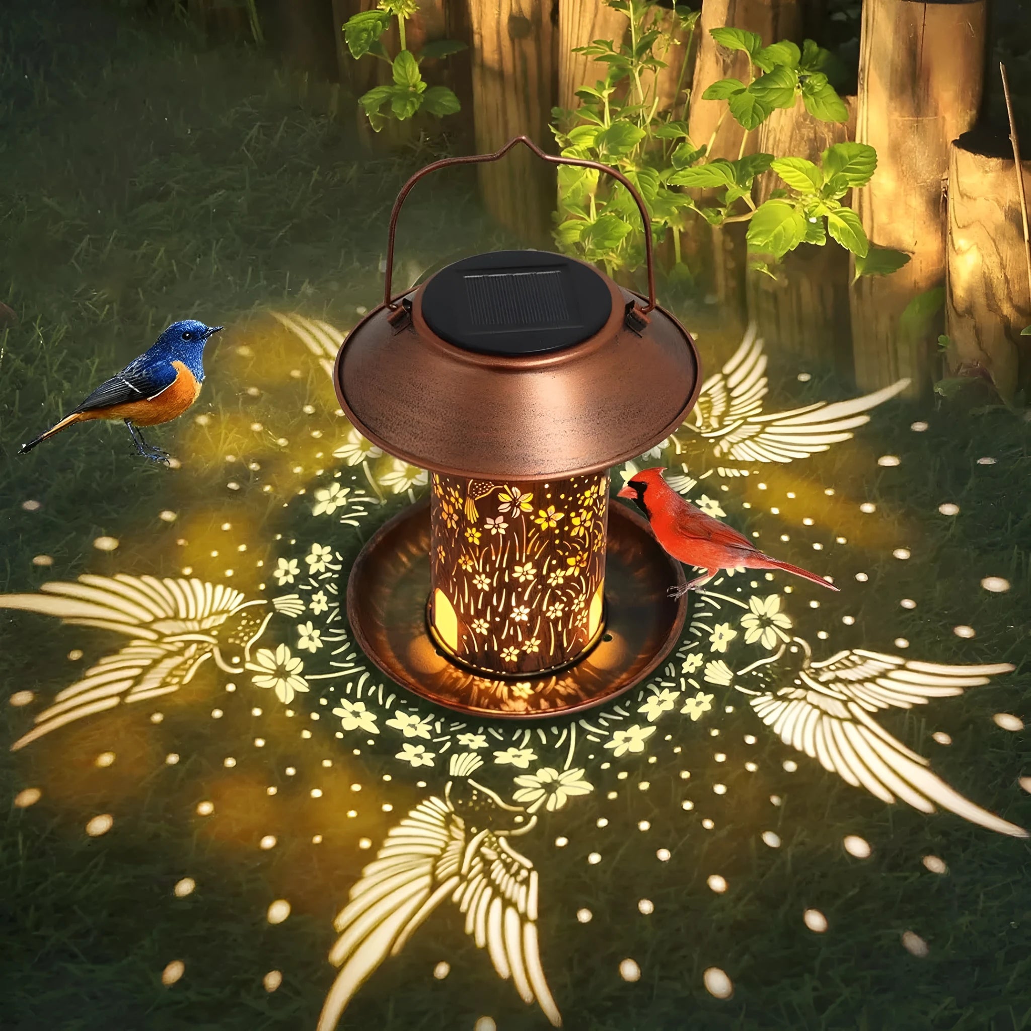 Solar-powered hummingbird pattern iron art bird feeder with integrated LED lights