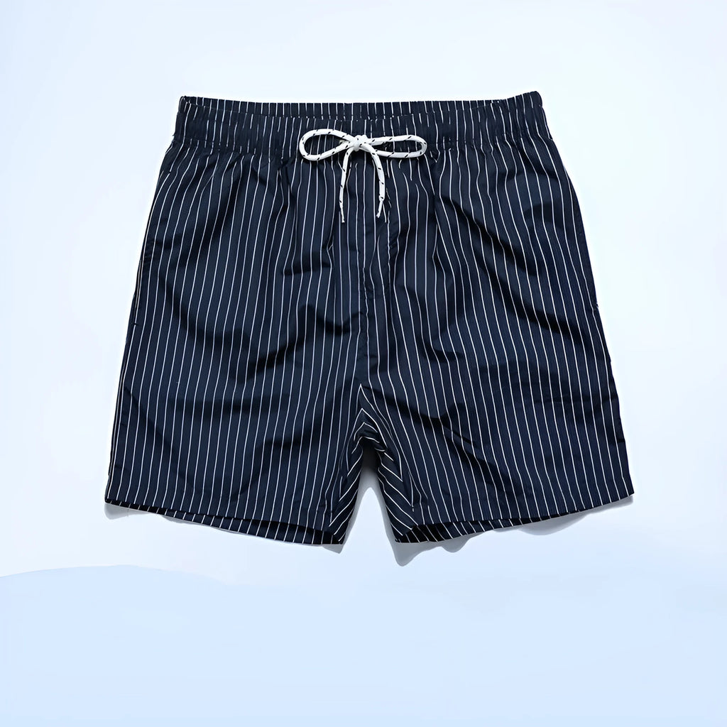 Men's striped beach shorts in polyester blend fabric, showing straight leg opening and available colour options.
