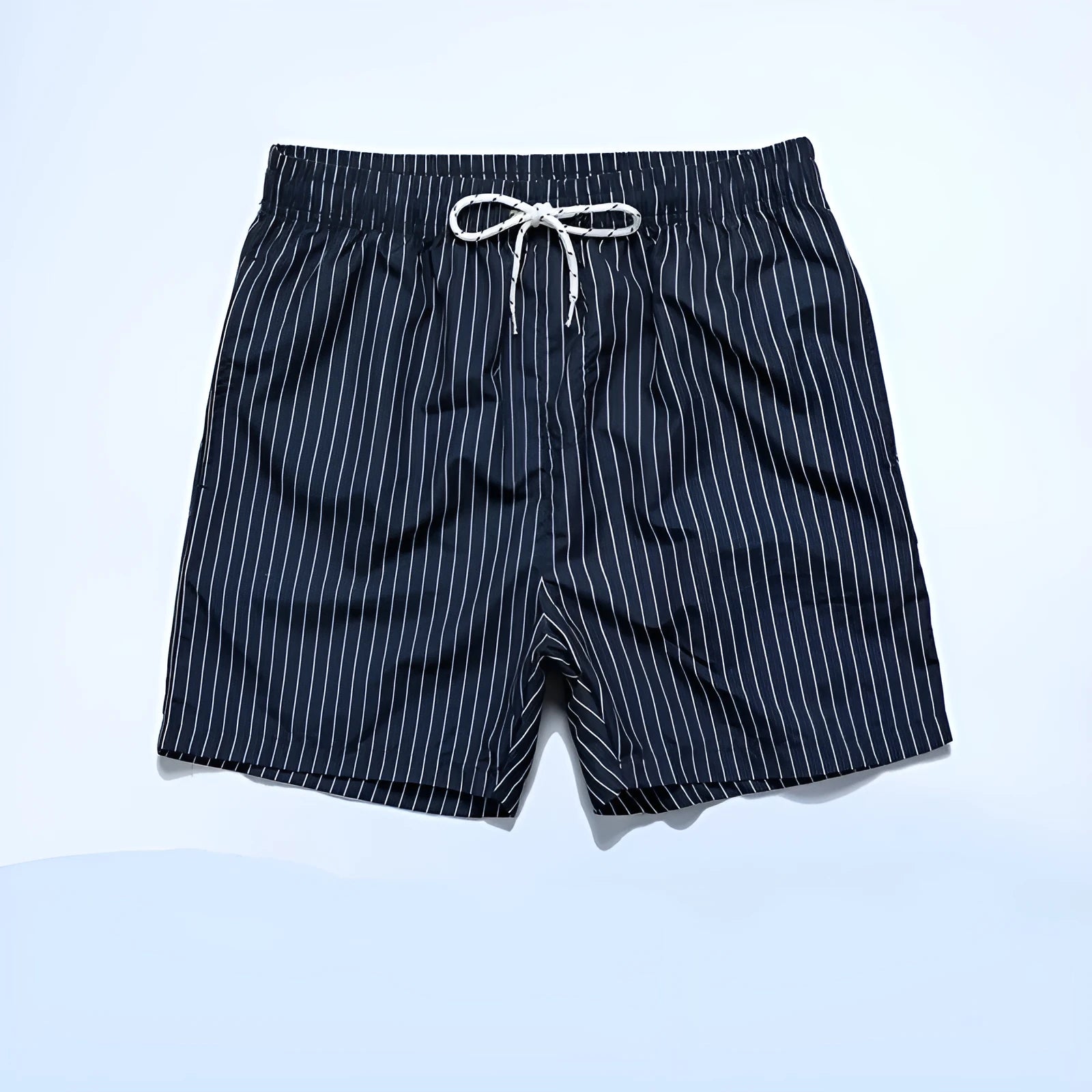 Men's striped beach shorts in polyester blend fabric, showing straight leg opening and available colour options.