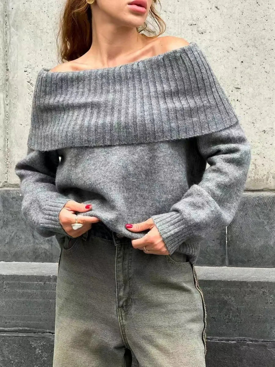 Off-the-shoulder strapless sweater with 3D pattern in grey, white, or wine red colours