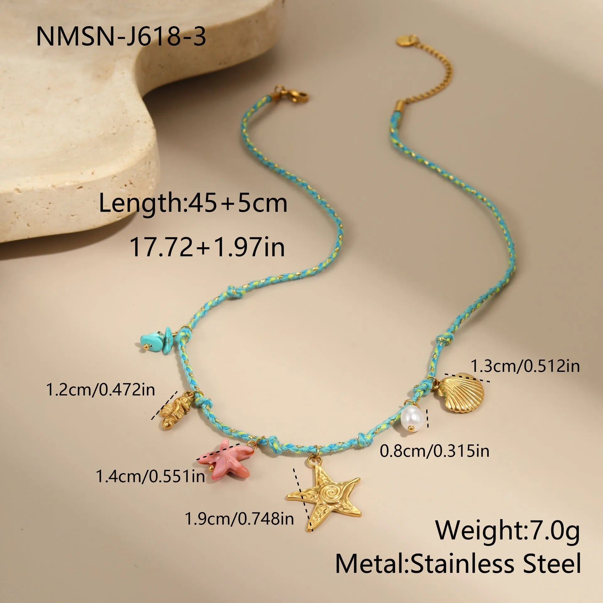 Titanium steel necklace with handmade colour braided rope and electroplated heart-shaped pendant