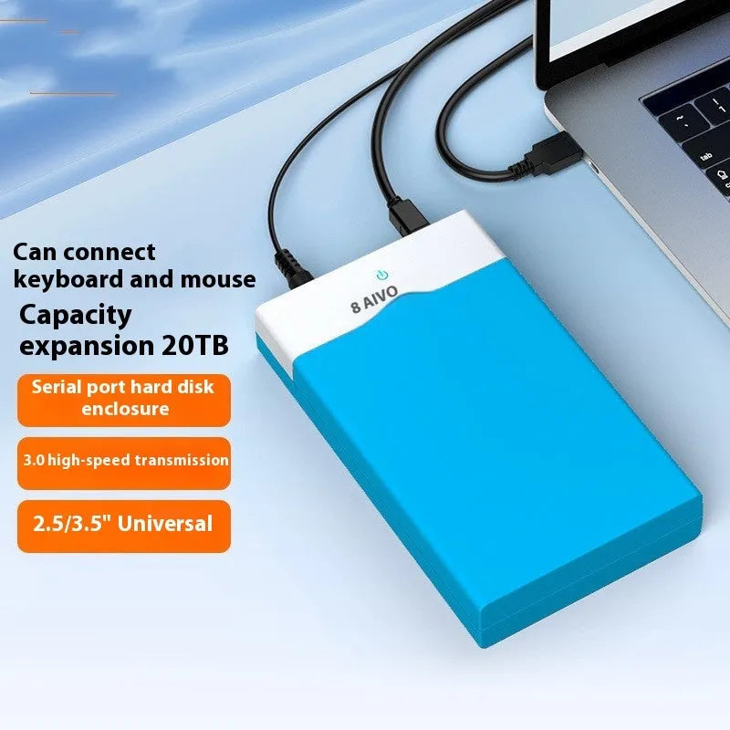 Black and silver 3.5-inch SATA to USB hard drive enclosure with power adapter and data cable