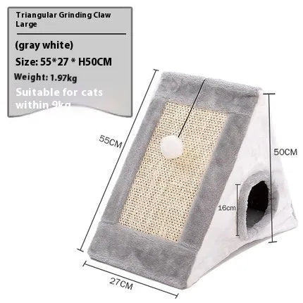 Triangle-shaped cat bed with integrated sisal scratching surfaces on raised platforms