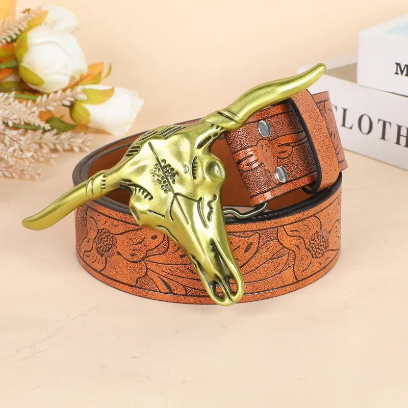 Men's black imitation leather belt with a detailed silver alloy cow head buckle and pin fastening.