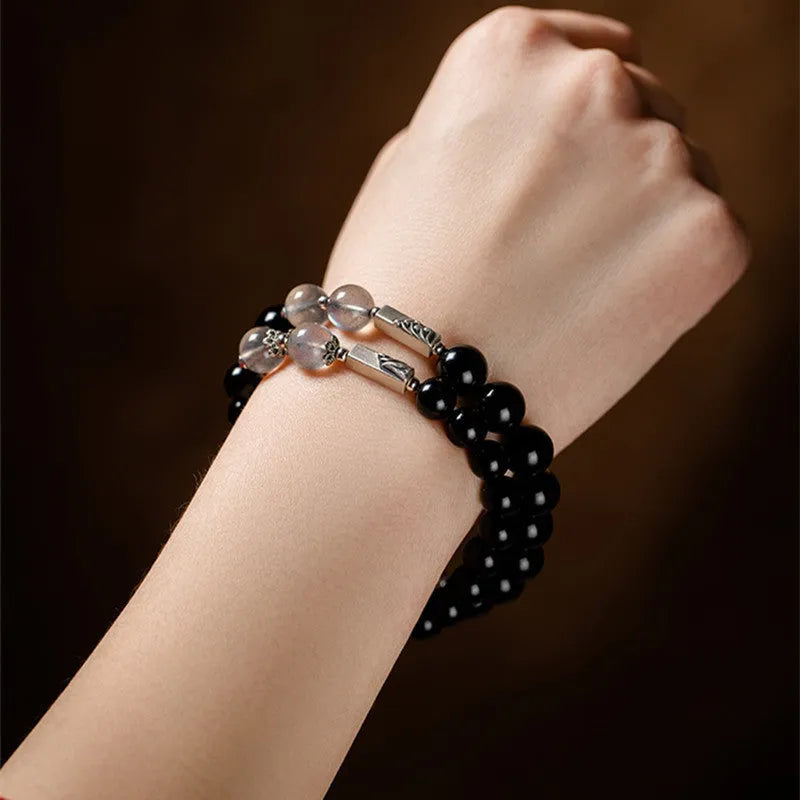 Obsidian Buddha beads couple bracelet DIY set showing 8mm women's and 10mm men's sizes