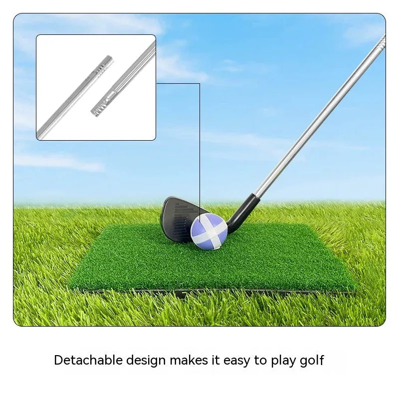 Silver metal golf club set showing adult and children's size options for outdoor practice