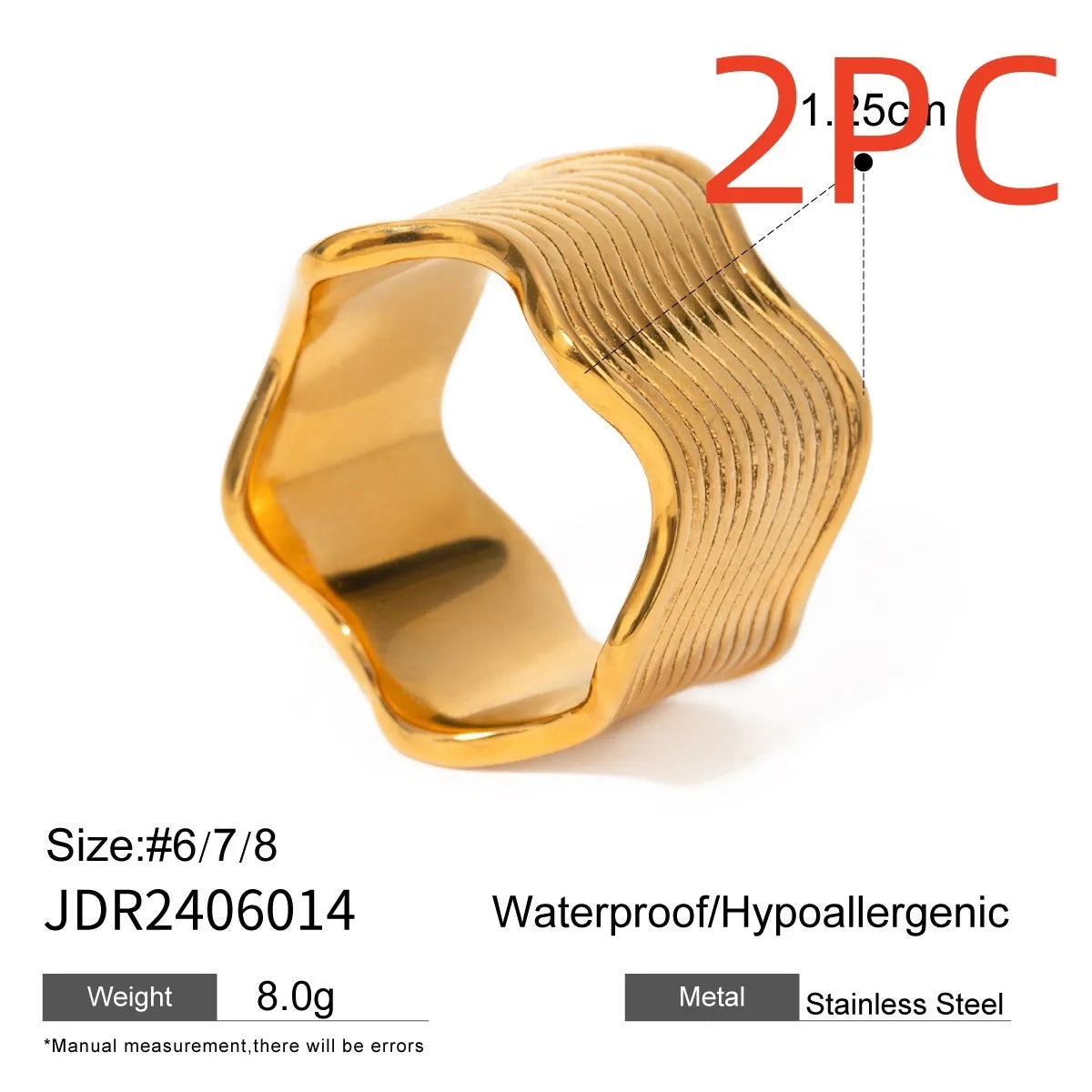Stainless steel geometric wave ring for women with a wide surface area and electroplated finish.
