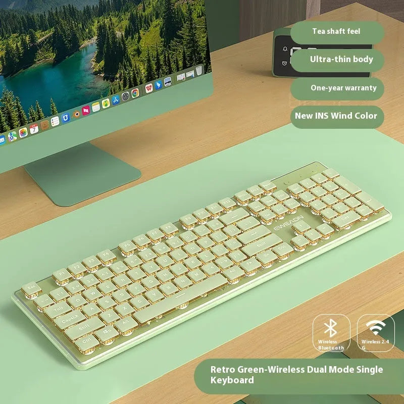 Prewalker V3 mute mechanical feeling keyboard and mouse set in retro green colour on a desk.