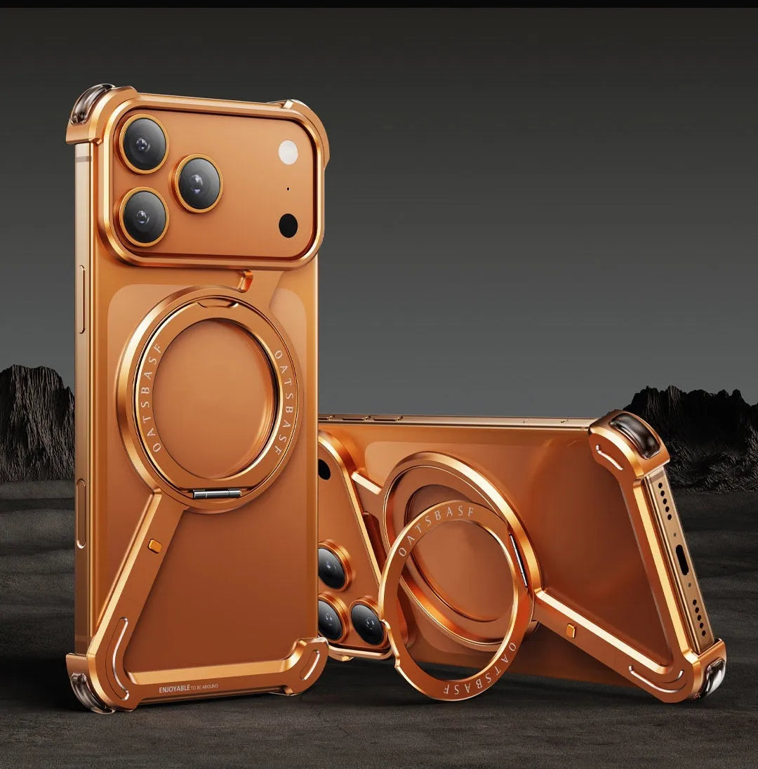 iPhone 17 Pro Max metal phone case with magnetic bracket in black colour showing business style design