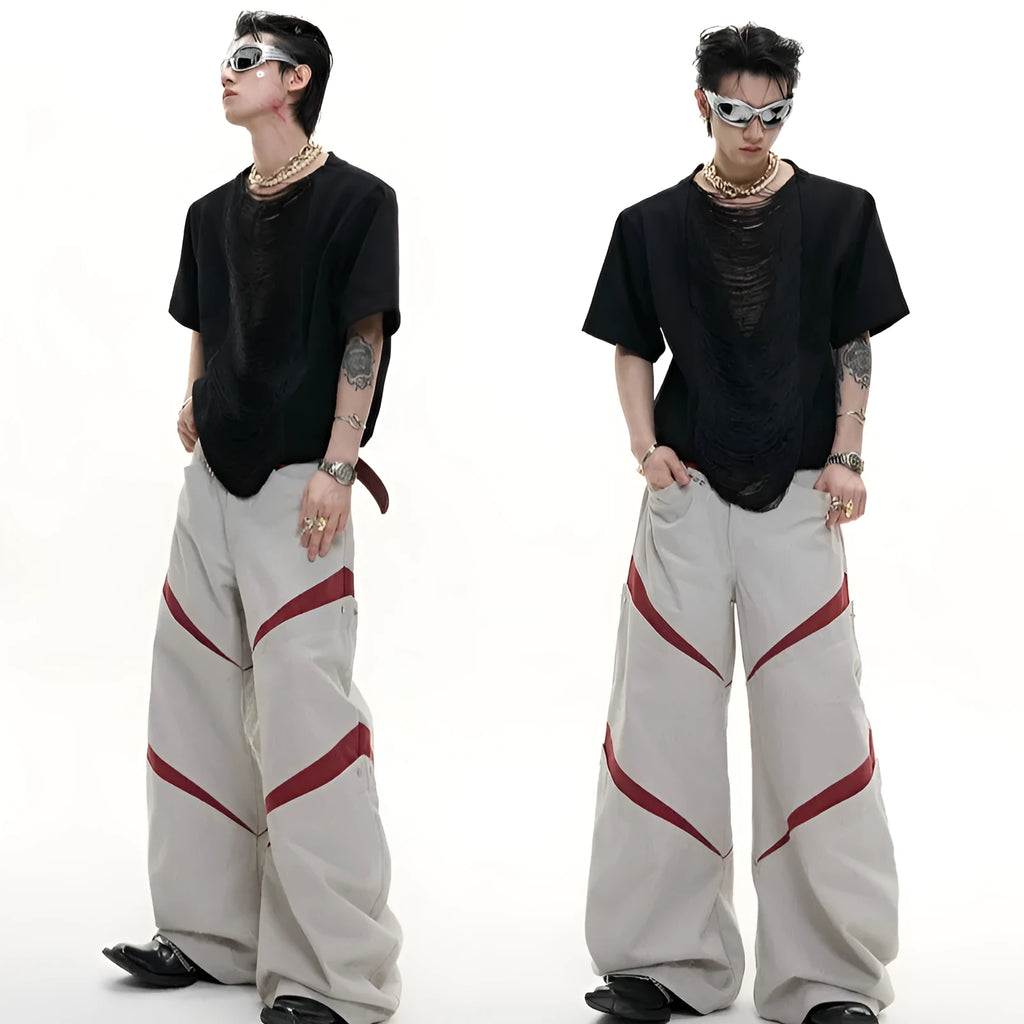 Men's drum black hollow out V-neck t-shirt with short sleeves and tassel detailing