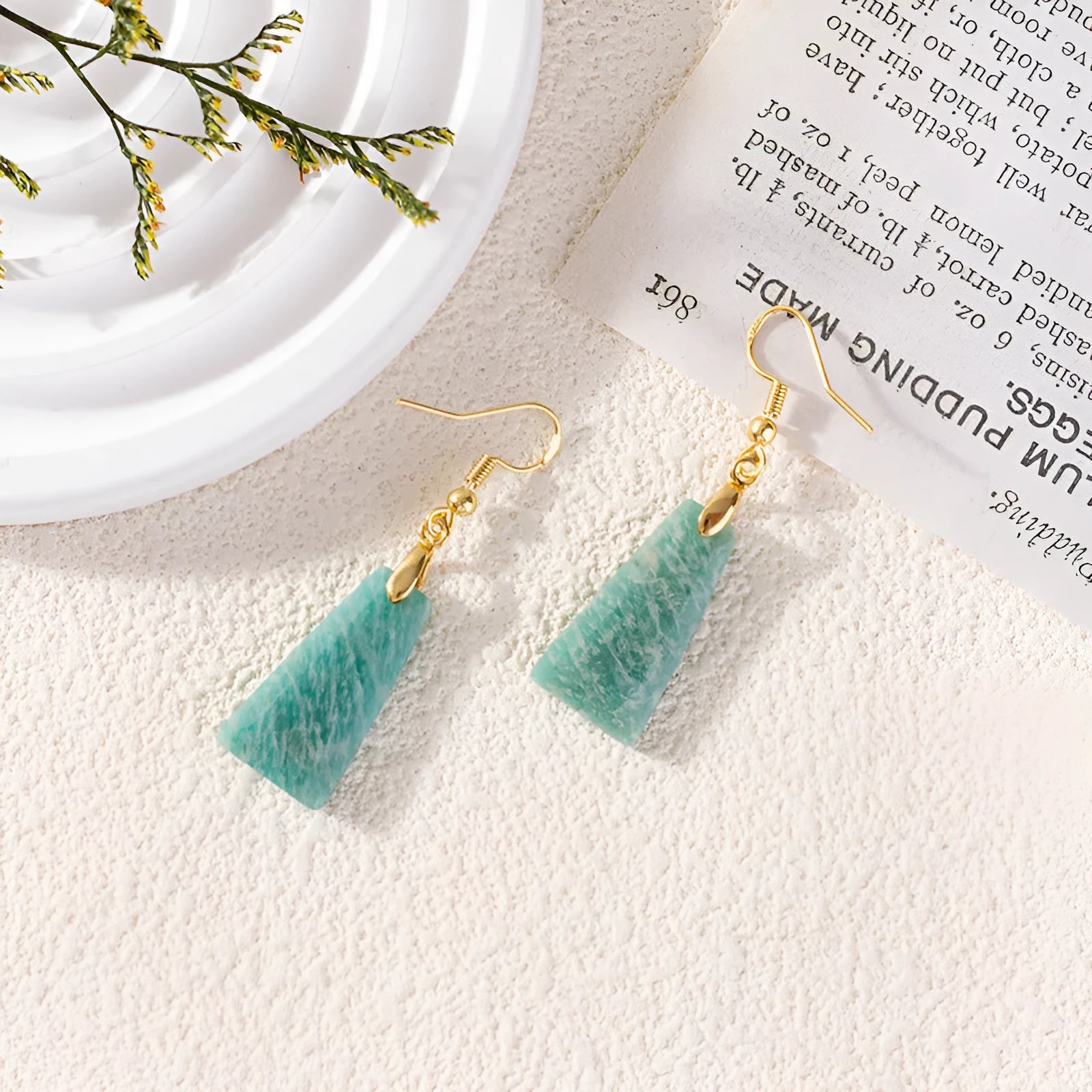 Amazonite rough stone trapezoid earrings with geometric shapes in gold or silver pastoral style settings