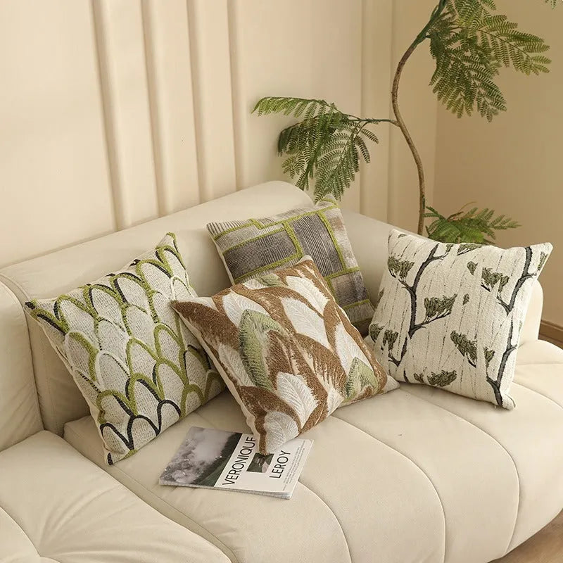 Square 45cm yarn-dyed Jacquard pillow cover with Nordic floral botanical pattern in multiple colour options.