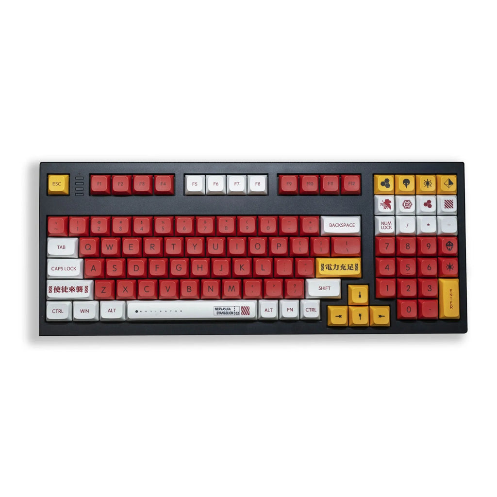 Set of 138 PBT sublimation printed key caps for a mechanical keyboard on a desk.