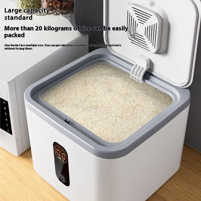 Grey plastic insect-proof rice storage jar with airtight lid and measuring cup, shown in 10kg, 20kg, and 30kg sizes.