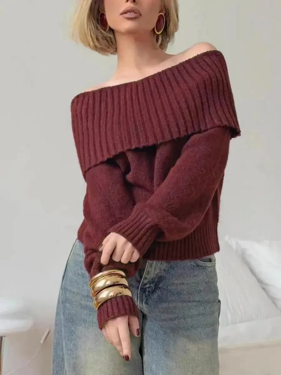 Off-the-shoulder strapless sweater with 3D pattern in grey, white, or wine red colours
