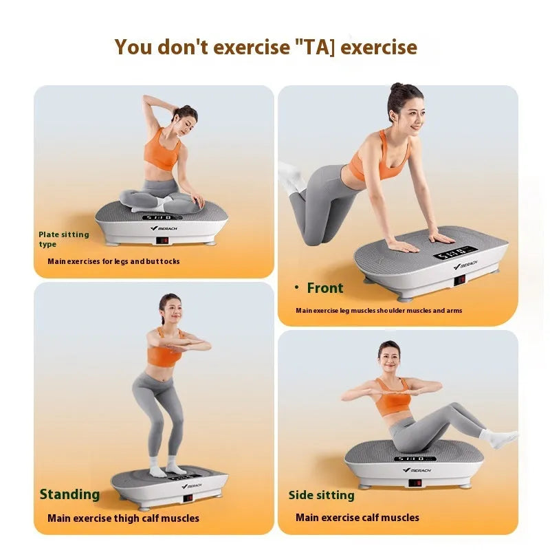 Grey portable smart power plate vibrating exercise machine with Bluetooth and US plug socket.
