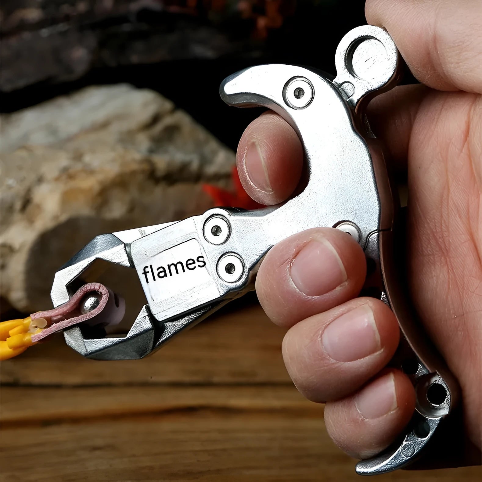 Close-up of alloy archery release aid showing two-axis harpoon clip mechanism with zinc alloy construction