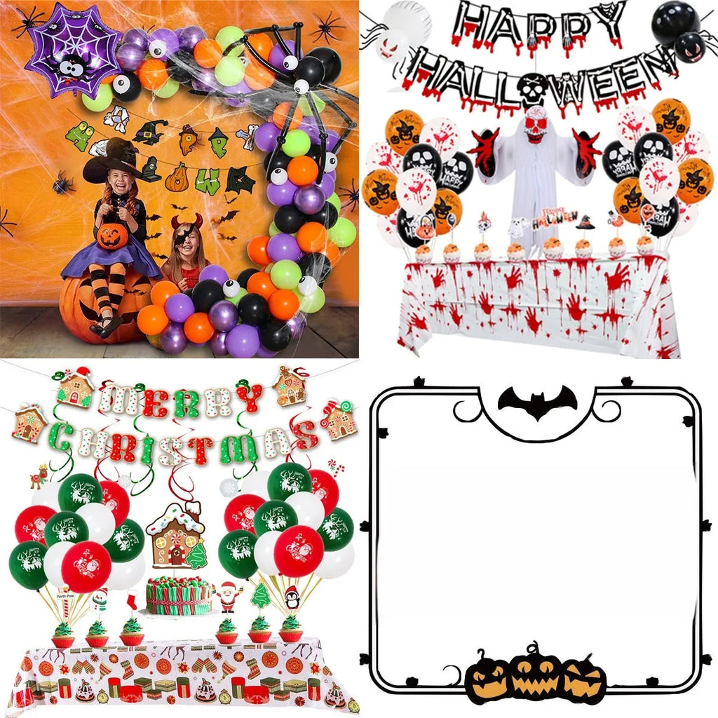 Halloween spider balloon arch decoration set with black and white latex skull and pumpkin balloons.