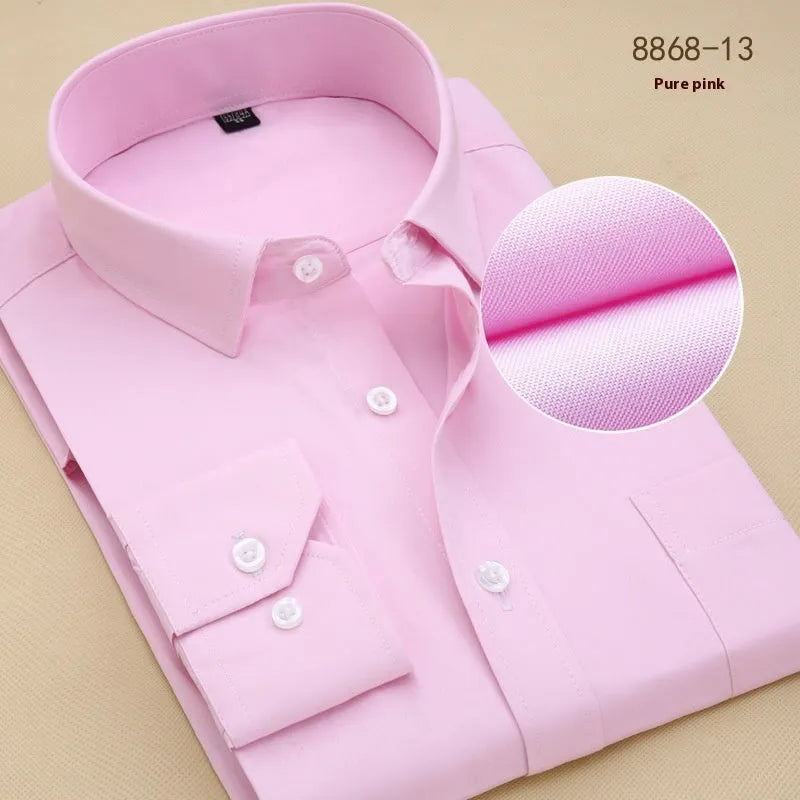Men's black slim-fit long-sleeve cotton business shirt for professional work attire.