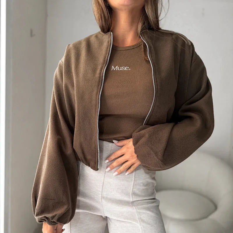 Women's off-shoulder round neck coat with lantern sleeves in milky white colour